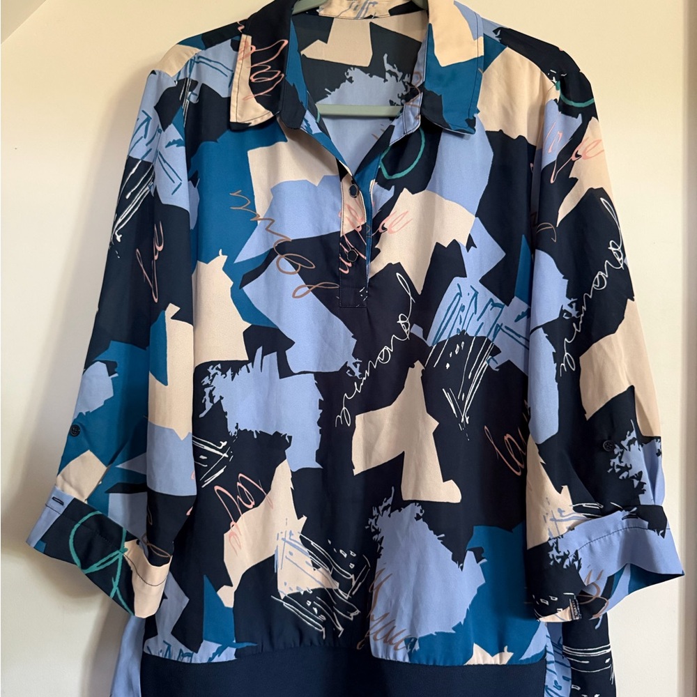 Abstract Print Navy and Light Blue Women's Pullover Blouse